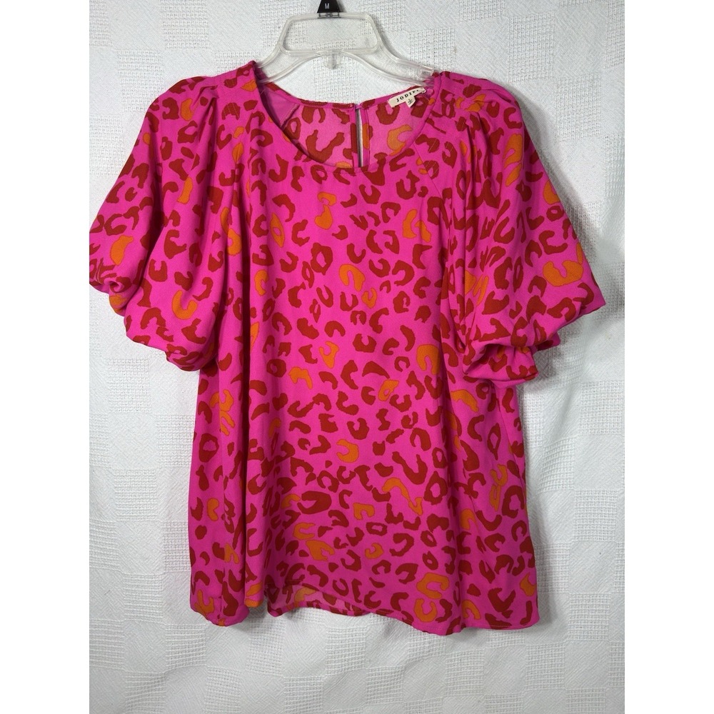 Jodiful Pink Red Animal Leopard Print Swing Top with Ruffle. sz Large